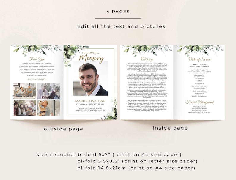 Editable Funeral Program Template, Funeral Memorial, Greenery Order Of Service, Celebration Of Life Program, Instant download
