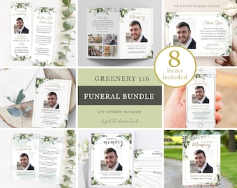 Editable Funeral Bundle Template Leaves Greenery For Men Botanical Celebration of Life Bundle Man Printable In Loving Memory Package  #F116