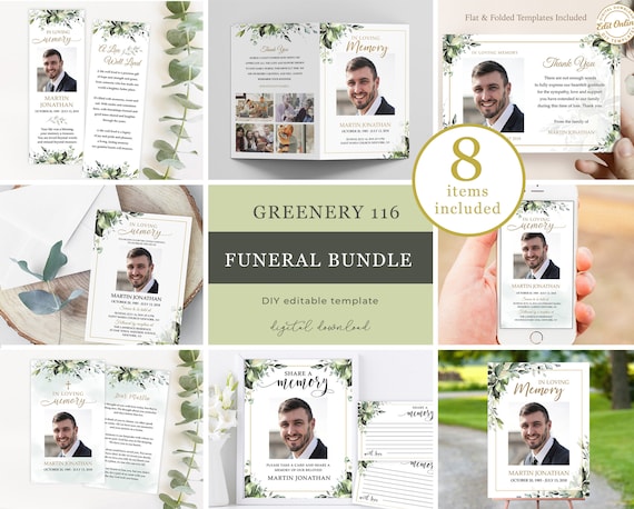 Editable Funeral Bundle Template Leaves Greenery For Men Botanical Celebration of Life Bundle Man Printable In Loving Memory Package  #F116