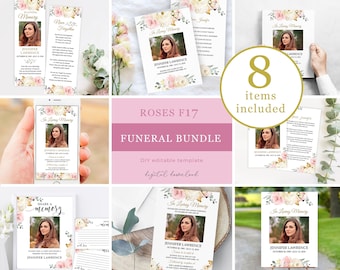 Editable funeral bundle template pink blush roses, floral celebration of life bundle , printable in loving memory package suite F17