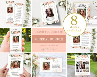 Editable funeral bundle template Pink White roses, floral celebration of life bundle , printable in loving memory package suite F32