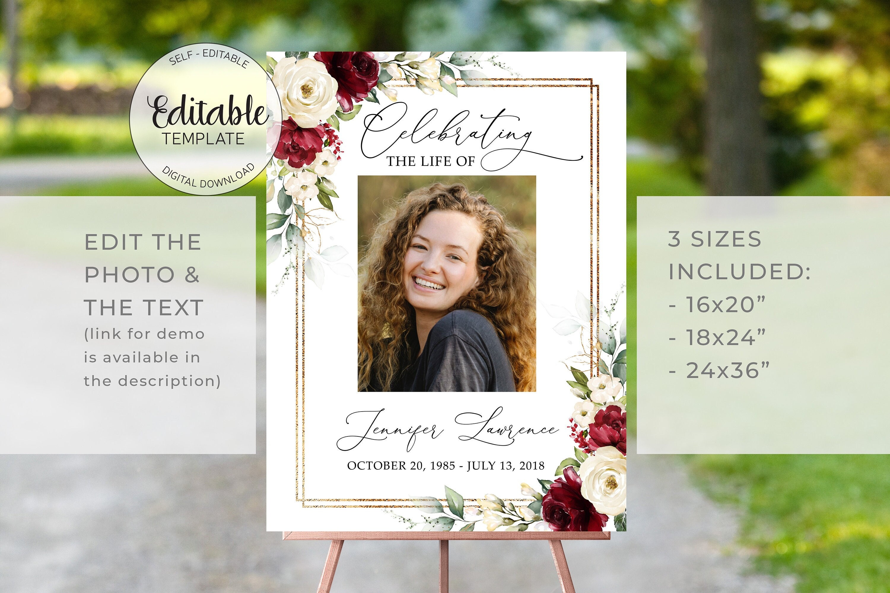 Editable Red White Roses Funeral Sign Template Memorial Service Sign Red Gold Funeral Welcome ...