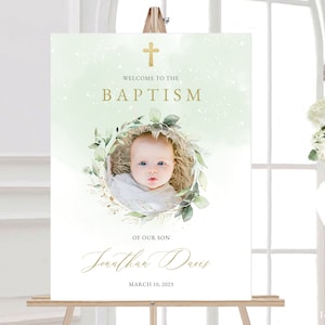 Editable Greenery Baptism Welcome Sign Template with Photo for Boy & girl Baptism Printable Baptism Poster Instant Download, #BP48