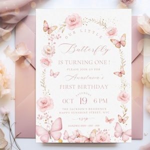 Bearbeitbare Geburtstagseinladungsvorlage, Pink Girl Schmetterlings-Einladung Lila Schmetterlings-Geburtstags-Einladungs-Schmetterlings-Gartenschablone BD98