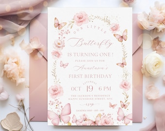Bearbeitbare Geburtstagseinladungsvorlage, Pink Girl Schmetterlings-Einladung Lila Schmetterlings-Geburtstags-Einladungs-Schmetterlings-Gartenschablone BD98