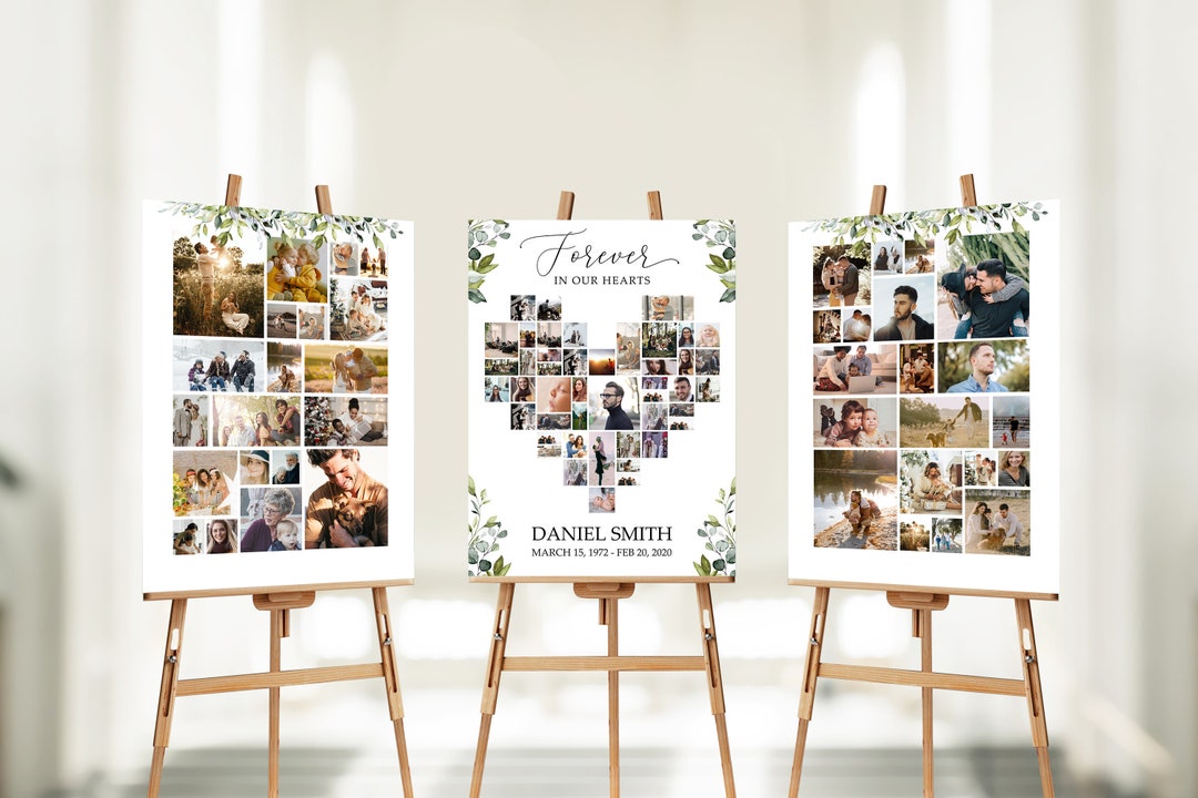 SET Funeral Sign Collage Templates, Greenery Heart Shaped Funeral Photo ...