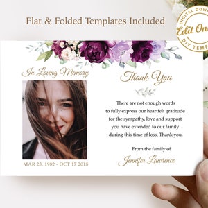 May include: Thank you card with a floral design in shades of purple and white. The card features a photo of a woman and the text "In Loving Memory" and "Thank You".