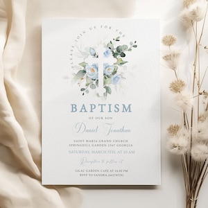 Modèle modifiable d'invitation de baptême, fleurs bleues rustiques, carte d'invitation de baptême bleue imprimable, baptême rustique, téléchargement immédiat #BP62