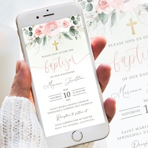 Modèle numérique d'invitation de texte de baptême, fleurs roses de baptême, invitation de texte de baptême fille rose, modifiable, téléchargement électronique instantané #BP134