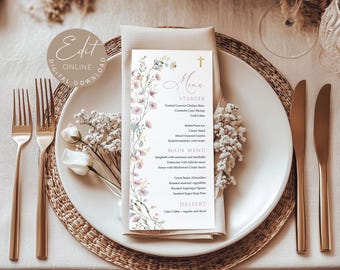 First Holy Communion Menu Template, First Communion dinner menu, Wildflower Girl Christening Menu Printable Editable Menu Template #HC56