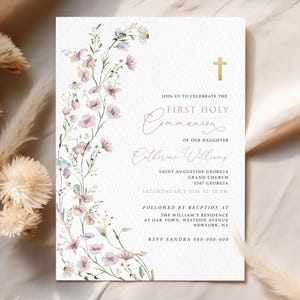 Girls First Communion Invitation Template, Pink Wildflower First Communion, Printable Invite, Instant Download, Editable Invitation