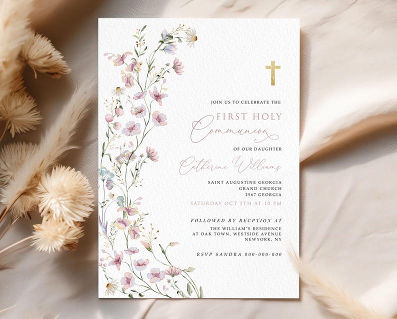 Girls First Communion Invitation Template, Pink Wildflower First Communion, Printable Invite, Instant Download, Editable Invitation