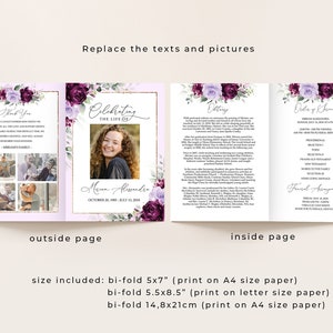 Editable Funeral Program Template, Funeral Memorial, Purple Roses Order Of Service, Celebration Of Life Program, Instant download