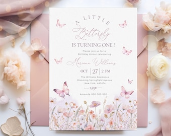 Faire-part d'anniversaire papillon rose, invitation d'anniversaire fille modifiable Invitation de fête papillon jardin thème papillon téléchargement immédiat BD112