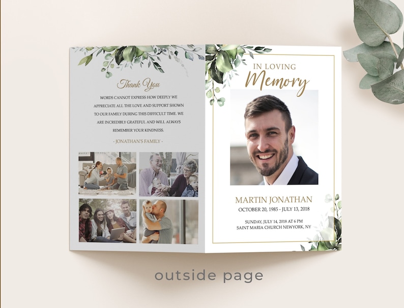 Editable Funeral Program Template, Funeral Memorial, Greenery Order Of Service, Celebration Of Life Program, Instant download