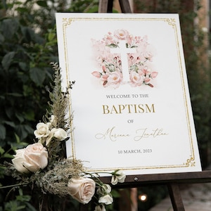 Editable Baptism Welcome Sign Template Pink Flowers Gold Frame Baptism Welcome Sign Printable Baptism Poster, Instant Download, #BP5