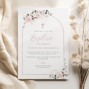 Modèle d'invitation de baptême, fleurs roses rustiques, modifiable, carte d'invitation de baptême arche rose imprimable, baptême rustique, téléchargement immédiat, #BP84