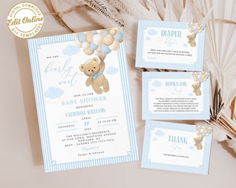 Azul editable, Podemos esperar, oso de peluche, tema de oso globo, invitación de fiesta de bebé, plantilla de invitación, descarga inmediata para niño bebé #BB42