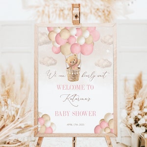 Editable Teddy Bear Baby Shower Welcome Sign, Bear Themed Baby Shower Welcome Sign, Printable Pink Balloon Girl Baby Shower Party Sign