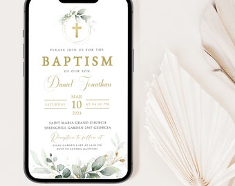 Editable Greenery Baptism Digital Invitation, First Communion evite, Baby Greenery Christening Evite Smartphone Baptism invitation #BP67
