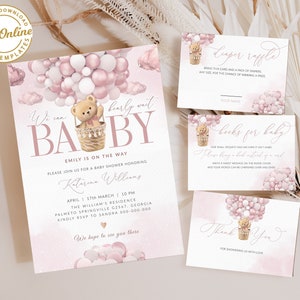 Editable Pink Teddy Bear Hot Air Balloon Baby Shower Invitation Teddy Bear Baby Shower We Can Bearly Wait Shower Instant Download, #BB266
