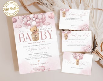 Invitation de baby shower modifiable en montgolfière rose avec ours en peluche, téléchargement immédiat de la douche We Can Bearly Wait, # BB266