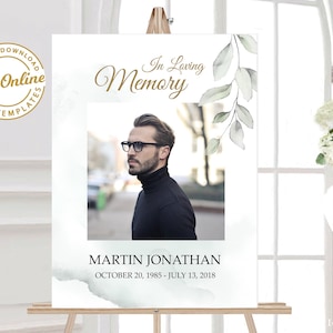 Funeral Memorial Sign, Celebration of Life, In Loving Memory Sign, Funeral Welcome Sign, Greenery Sign, Editable Template printable sign F13