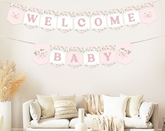 Editable Baby Shower Pennant Banner Template Pink Rose, Baby Shower Bunting, Girls Baby Shower, Soft Pink Instant Digital Template #BB56