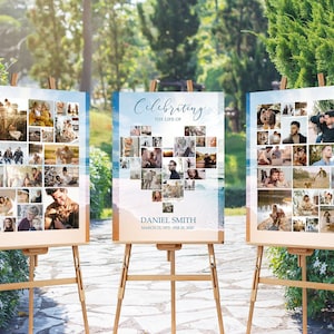 May include: Three wooden easels displaying photo collage canvases with a beach theme. The center canvas features a heart-shaped collage of photos with the text "Celebrating the life of Daniel Smith March 13, 1973 - Feb 20, 2020".