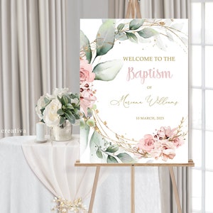 Girl BAPTISM WELCOME Sign Template, First Communion, Baptism Welcome Sign, Baby Pink Rose Christening, Baby Girl Baptism Sign Poster #BP113