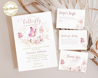 May include: A baby shower invitation with a pink butterfly design. The invitation says "A Little Butterfly is on the Way" and includes details for the event, including the honoree's name, date, time, and location. The invitation also includes a diaper raffle, books for baby, and thank you cards.