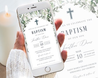 Electronic Baptism Invitation Template, E-vite Green Leaves Baptism, Evite Greenery Text Baptism, INSTANT Download #BP38