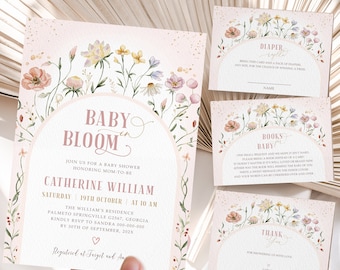 May include: A pink and gold baby shower invitation with floral illustrations. The invitation reads "Baby Bloom" and includes the date and time of the shower, the name of the mom-to-be, and the address. The invitation also includes a request for guests to bring diapers or books.