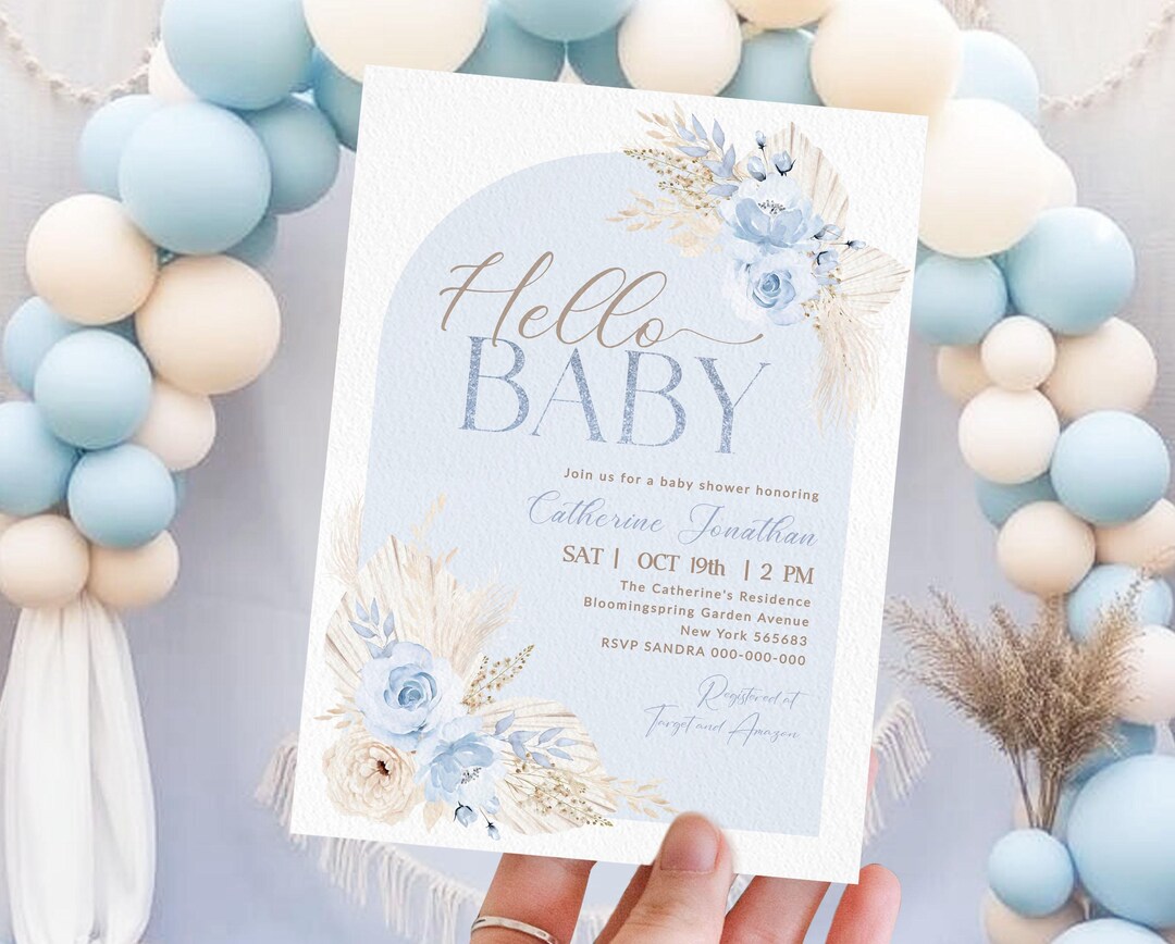 EDITABLE Blue Floral Pampas Grass Boho Baby Shower Invitation Template ...