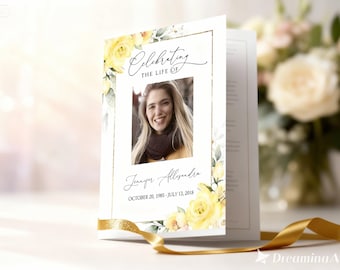 Editable Funeral Program Template | Yellow Roses Memorial Program, Celebration of Life Printable | Digital Download, F41