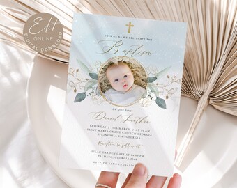 May include: A baptism invitation with a baby's photo in a gold frame, surrounded by floral and foliage elements. The invitation features the text "Join us as we celebrate the Baptism of our son Daniel Jonathan". The invitation is a digital download.