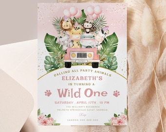 Editable Wild One Birthday Girl Invitation, Safari Animals Party Invite Template, Jungle Safari Theme First Birthday, Instant Download #BD61