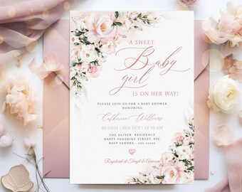 May include: A pink and white floral baby shower invitation with the text "A Sweet Baby Girl Is On Her Way!"  Please join us for a baby shower honoring Catherine Williams. Sunday, 19th Oct at 10 am. The Oliver Residence, Happy Sunshine Street, NYC. RSVP Sandra 000 000 0000. Registered at Target & Amazon.