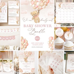 Pink Bear Baby Shower Bundle Air Balloon Invitation Bundle Pink Girl Printable Baby Shower Game Bundle Decoration Bear Balloon Instant #BB41