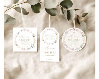 Pink Rustic Flowers First Holy Communion Thank You Tag, EDITABLE Template, Rose Flowers Favor Stickers, First Communion Tags #HC31