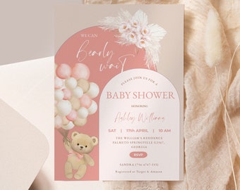 Editable Pink Bear Baby Shower Invitation, We Can Bearly Wait Baby Shower Invite, Pink Boho Bear Baby Shower, Girl Baby Shower Bear #BB312