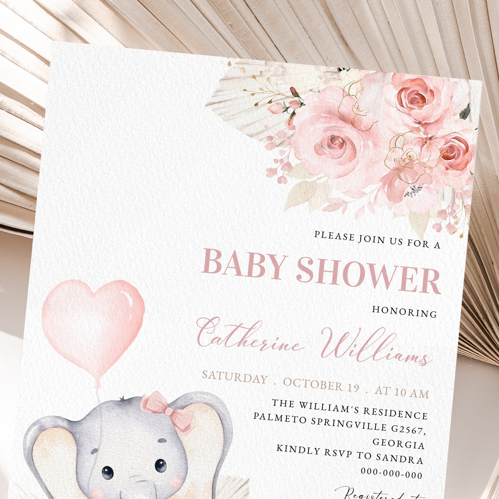 Editable Heart Pink Balloon Elephant Baby Shower Invitation Template ...