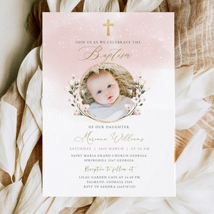 Baby-Taufeinladungsvorlage, rosa Blumen, bearbeitbar, rosa Taufe einladen Printable, Baby-Foto-Taufe, Sofort-Download, #AP129
