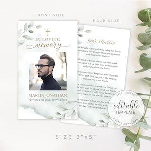 Editable Greenery Watercolor Funeral Prayer Card, Printable Memorial Photo Prayer Card, Man Prayer Card Celebration of life Prayer Cards F13