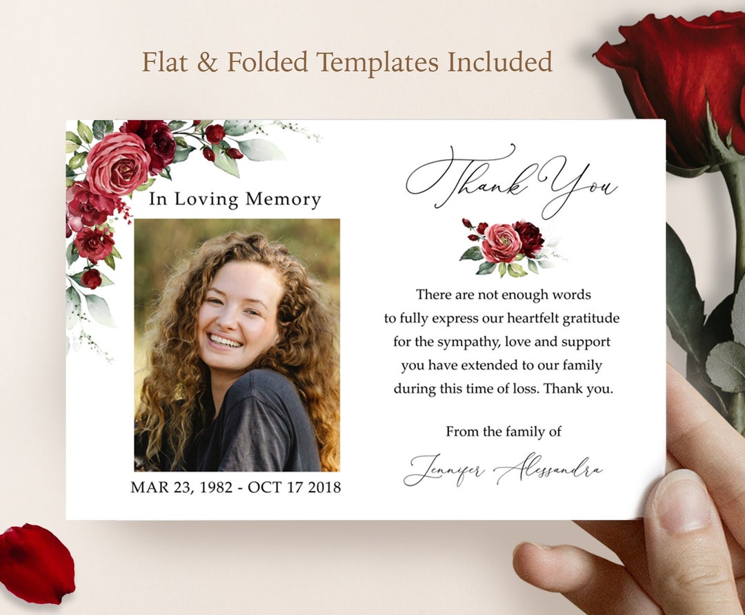 F47 Funeral Thank You Card Template Red Roses Flower, Editable Sympathy ...
