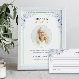 Elegant Share A Memory Cards & Sign Soft Blue Roses Elegant Printable Share A Memory Card Funeral Memory Card Blue Pink Flower #F53