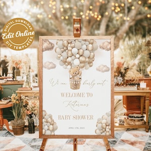 Editable Teddy Bear Theme Baby Welcome Sign, Brown We Can Bearly Wait Sign, Baby Shower Welcome Sign Bear Hot Air Balloons, Instant