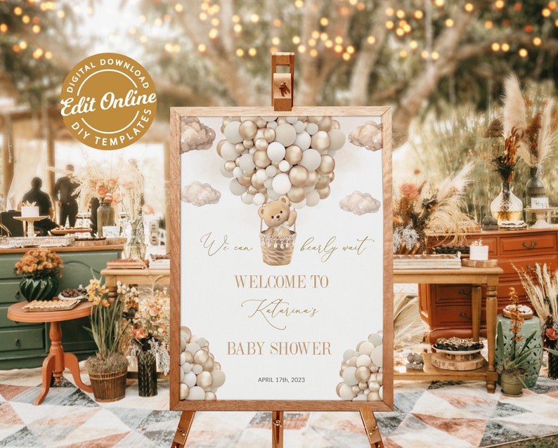 Editable Teddy Bear Theme Baby Welcome Sign, Brown We Can Bearly Wait Sign, Baby Shower Welcome Sign Bear Hot Air Balloons, Instant