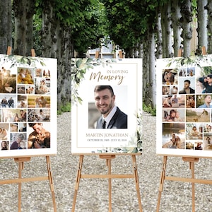 SET Funeral Heart Collage Templates, Greenery Funeral Photo Collage, Celebration of Life, Easel Display Memorial Poster