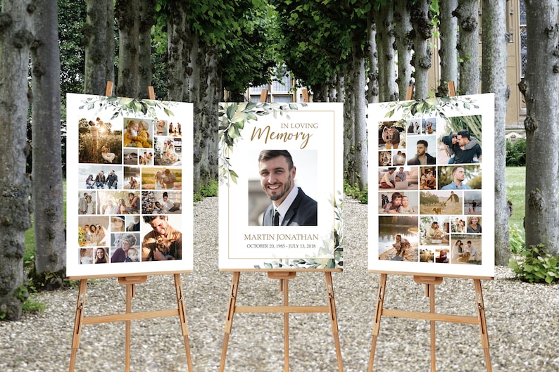 SET Funeral Heart Collage Templates, Greenery Funeral Photo Collage, Celebration of Life, Easel Display Memorial Poster